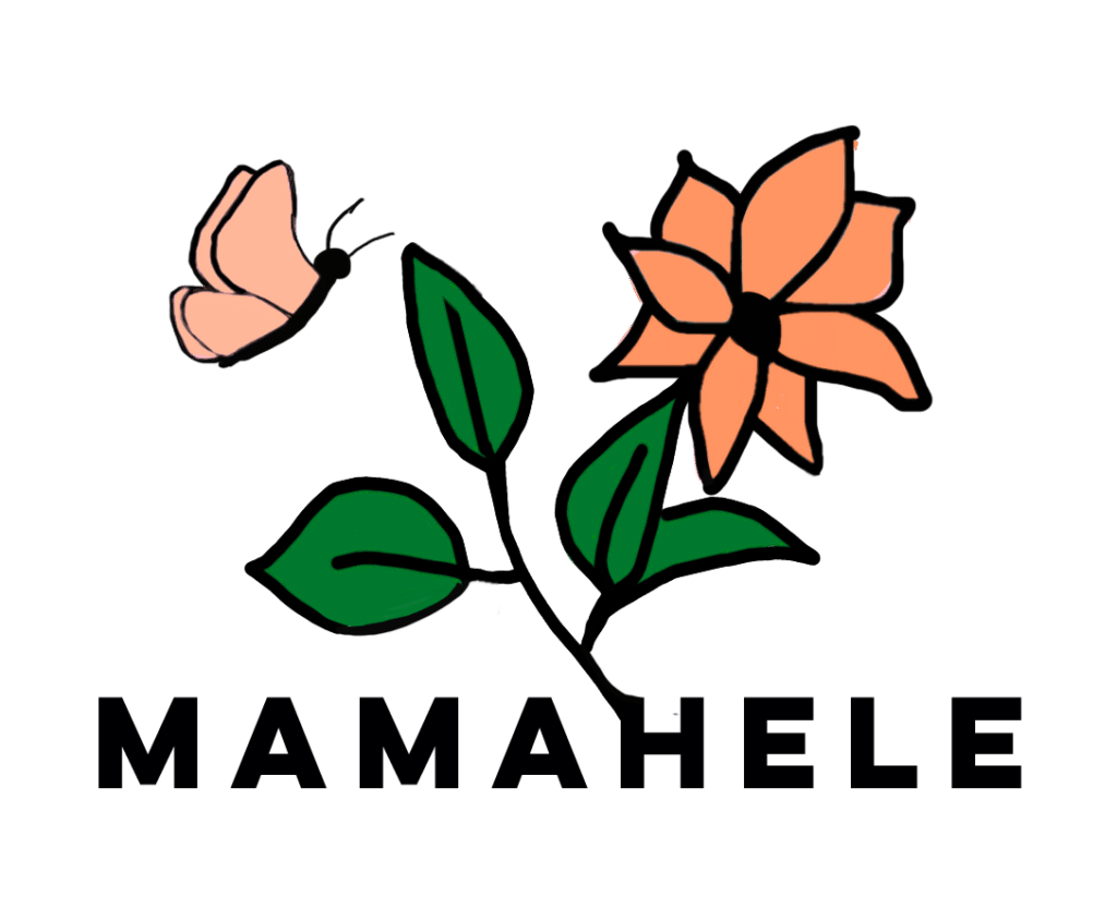 Logo mamahele en petit : une fleur couleur saumon et un papillon de la même couleur. En dessous le nom mamahele